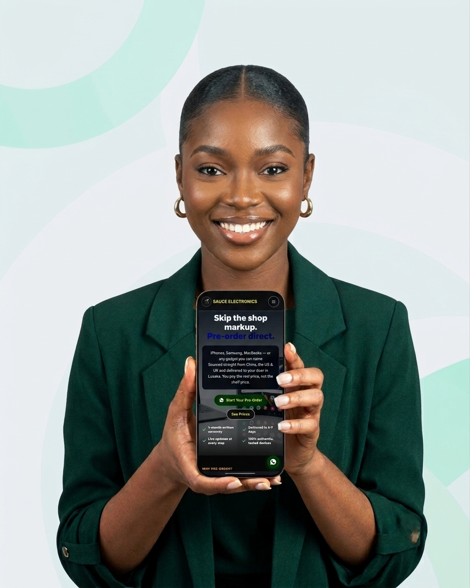 A student smiling and holding a phone with the Sauce Electronics store open